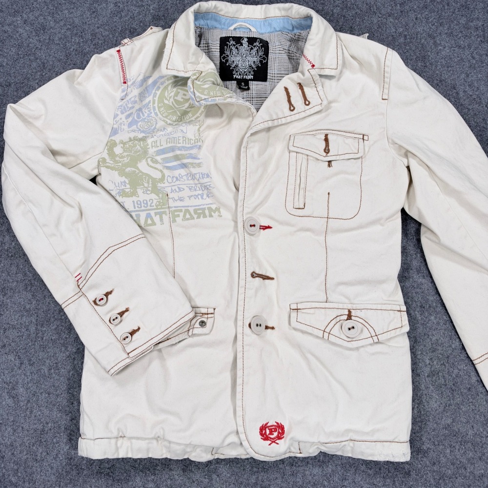 Phat Farm Mens Vintage Graphic Utility Jacket Cream Cotton Small Y2K Streetwear